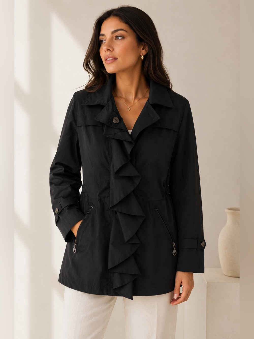 White House Black Market Black Ruffle-Front Trench Coat